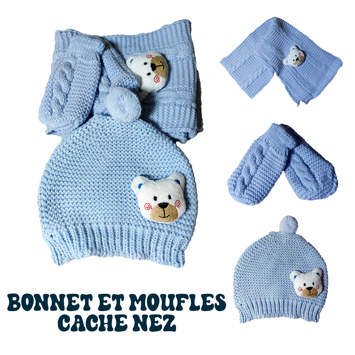 ensemble 3 pieces bebe fille bonnet tour de cou moufles bleu bebe